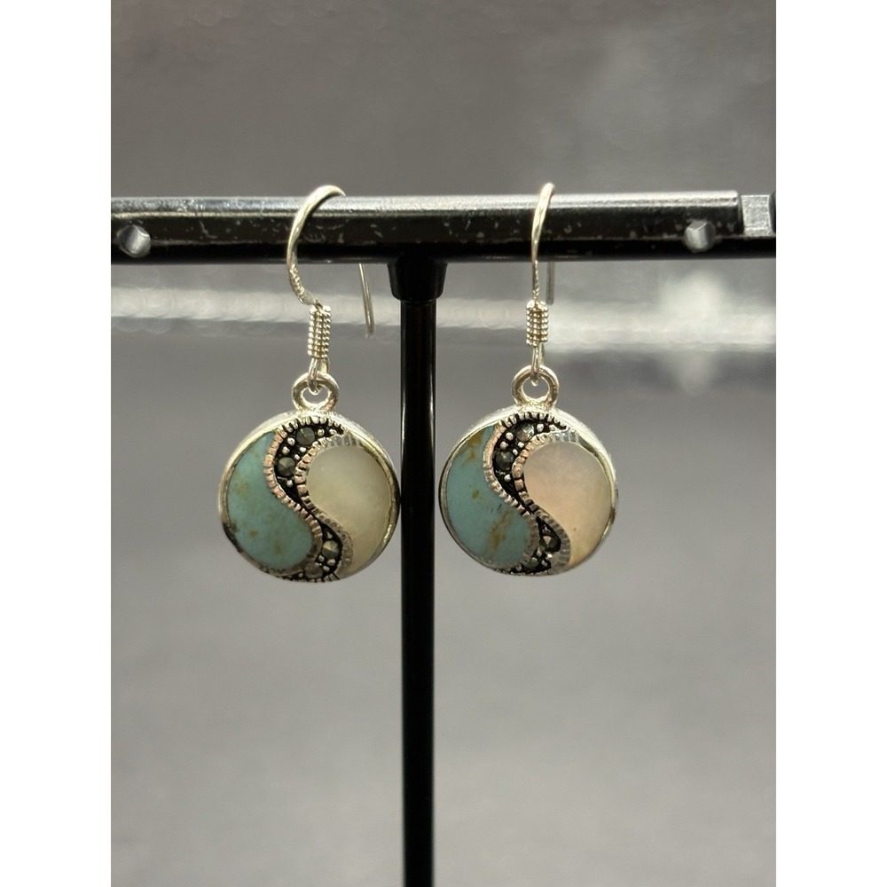Vintage Sterling Silver Turquoise Mother Pearl Dangle Earrings 5 Grams H5